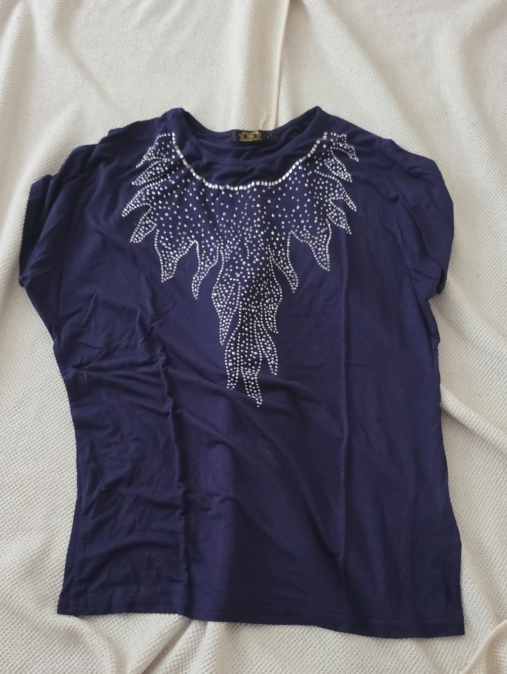 Embellished Navy Short Sleeve Tee with Crystal Accent